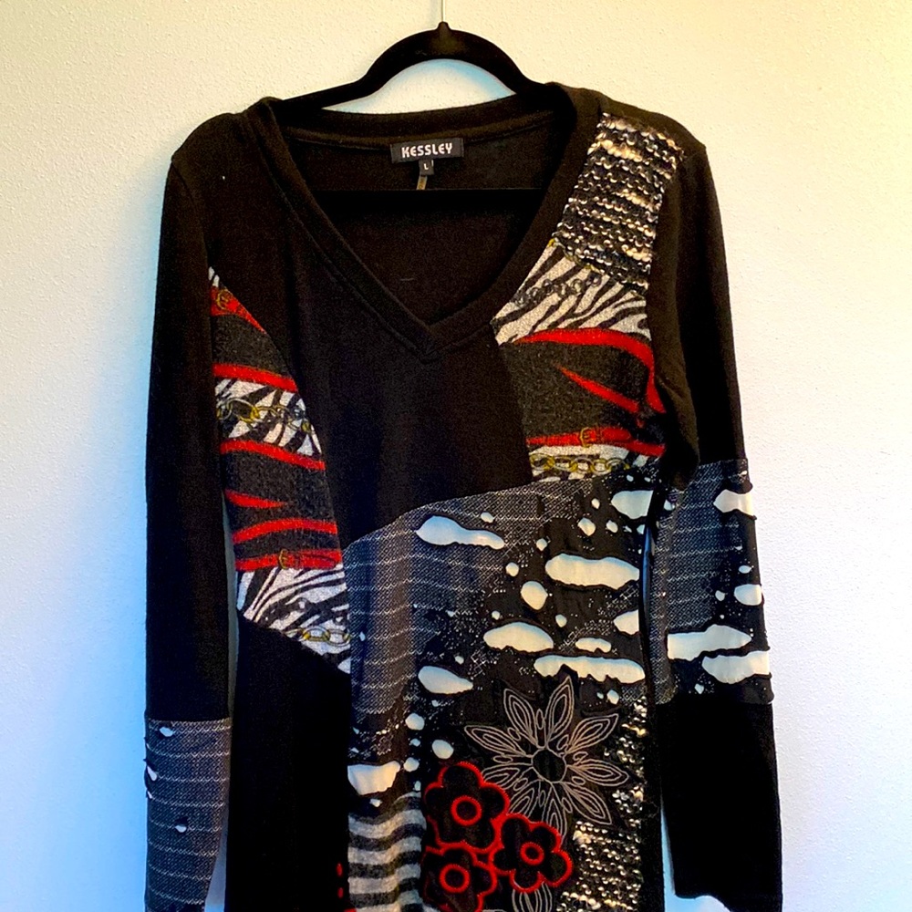 Black, off white and red sweater dress. Large. Kessley dress.